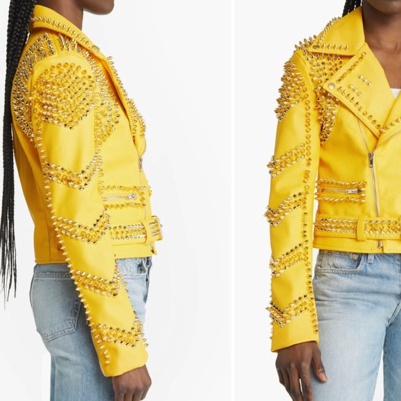 Callie Lives Stasia Dreamin: Azalea Wang Yellow Winter Gold Spiked Moto Jacket L - Picture 3 of 7